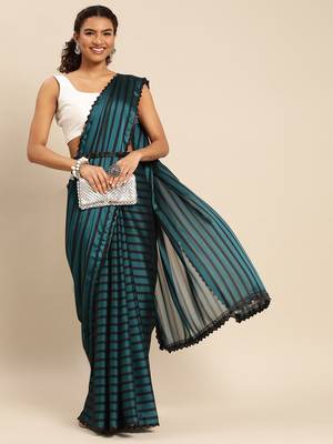Kasee Peacock Blue Fancy Digital Saree With Sequence Work Flower Design Border Work Saree 2