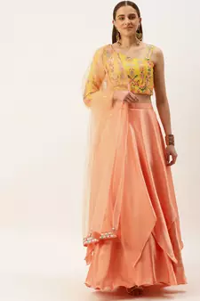 Ethnovog Ready To Wear Yellow Embroidered Peach Lehenga Set