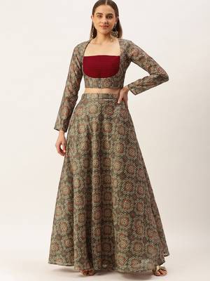 Ethnovog Ready To Wear Grey Digital Print Art Silk Lehenga Set 1