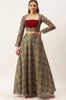 Ethnovog Ready To Wear Grey Digital Print Art Silk Lehenga Set
