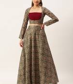 Ethnovog Ready To Wear Grey Digital Print Art Silk Lehenga Set