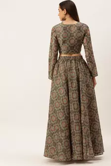 Ethnovog Ready To Wear Grey Digital Print Art Silk Lehenga Set