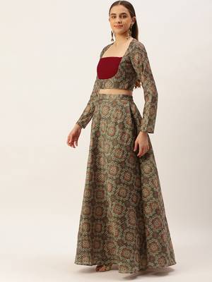 Ethnovog Ready To Wear Grey Digital Print Art Silk Lehenga Set 3