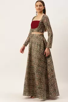 Ethnovog Ready To Wear Grey Digital Print Art Silk Lehenga Set