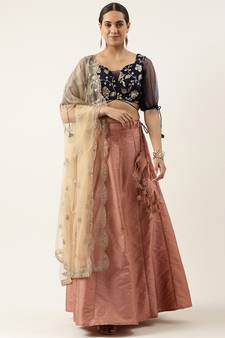 Ethnovog Ready To Wear Peach N Navy Blue Embroidered Lehenga Set