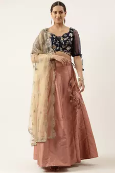 Ethnovog Ready To Wear Peach N Navy Blue Embroidered Lehenga Set