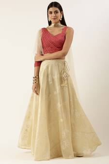 Ethnovog Ready To Wear Maroon N Cream Jacquard Embroidered Lehenga Set