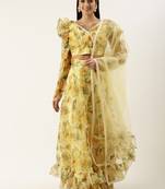 Ethnovog Ready To Wear Yellow Printed Organza Lehenga Set