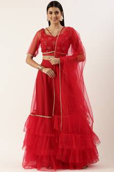 Ethnovog Ready To Wear Red Georgette Sequins Layered Lehenga Set