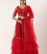 Ethnovog Ready To Wear Red Georgette Sequins Layered Lehenga Set