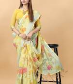 Yellow Linen Blend Beautiful Floral design Zari Border saree with Blouse