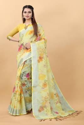 Yellow Linen Blend Beautiful Floral design Zari Border saree with Blouse 2