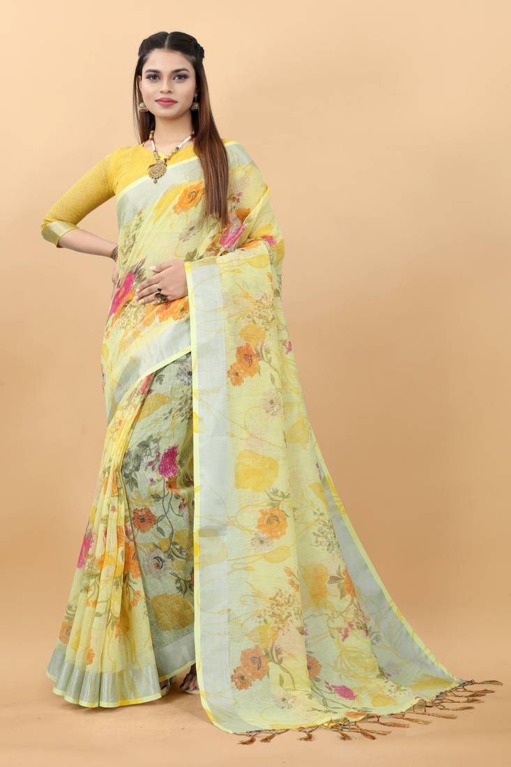 Yellow Linen Blend Beautiful Floral design Zari Border saree with Blouse