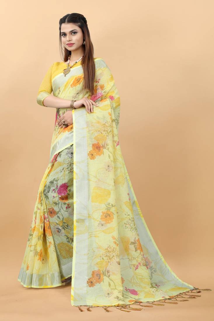 Yellow Linen Blend Beautiful Floral design Zari Border saree with Blouse