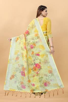 Yellow Linen Blend Beautiful Floral design Zari Border saree with Blouse 4