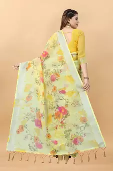 Yellow Linen Blend Beautiful Floral design Zari Border saree with Blouse