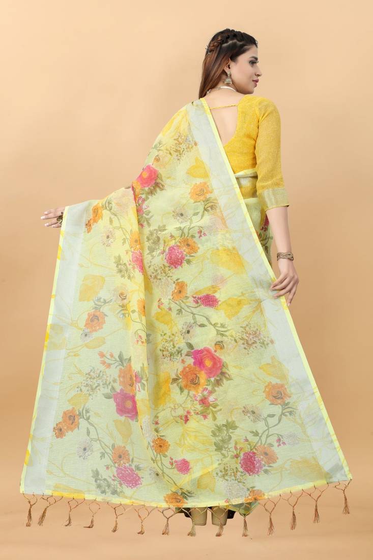 Yellow Linen Blend Beautiful Floral design Zari Border saree with Blouse