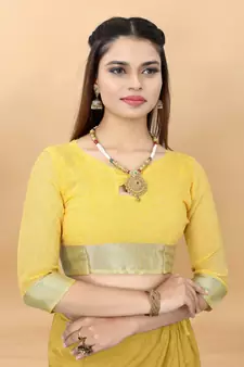 Yellow Linen Blend Beautiful Floral design Zari Border saree with Blouse