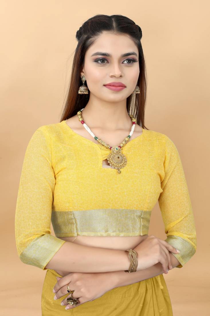 Yellow Linen Blend Beautiful Floral design Zari Border saree with Blouse
