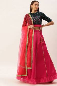 Ethnovog Ready To Wear Teal Green N Pink Embroidered Lehenga Set