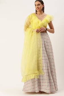 Ethnovog Ready To Wear Yellow N White Chinnon Embroidered Lehenga Set