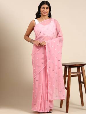 Kasee Fancy Pink Georgette Butta With Mirror Work Saree 1