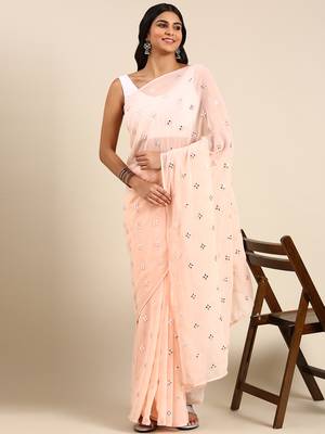 Kasee Fancy Peach Georgette Butta With Mirror Work Saree 1