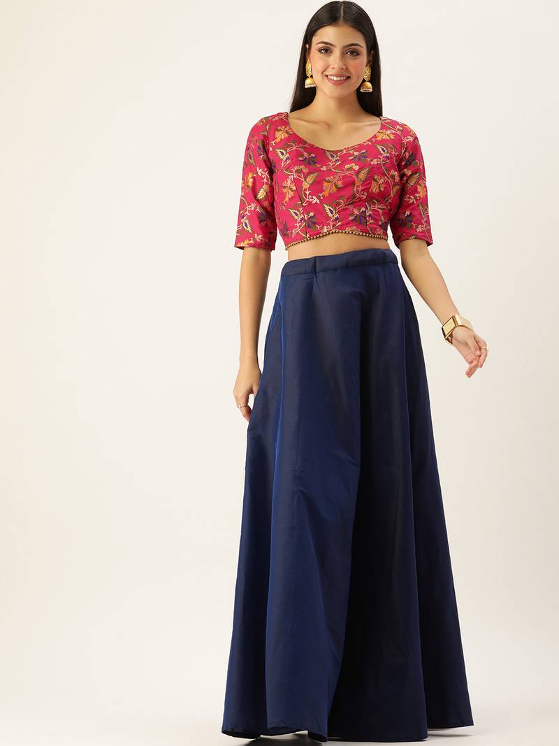 Ethnovog Ready To Wear Red Brocade N Blue Taffeta Crop Top N Skirt