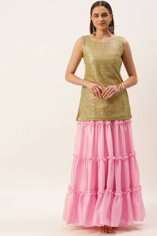 Ethnovog Ready To Wear Beige Net Beads embroidered Skirt and Top