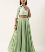 Ethnovog Ready To Wear Green Embroidered Collar Neck Blouse N Skirt Set