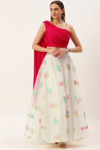 Ethnovog Ready To Wear Off White Organza Jacquard Skirt N Top