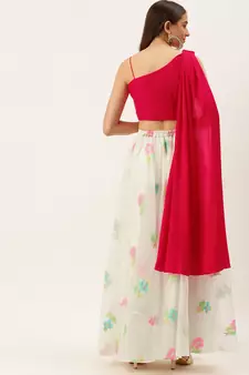 Ethnovog Ready To Wear Off White Organza Jacquard Skirt N Top