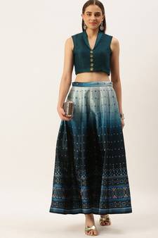 Ethnovog Ready To Wear Blue Digital Printed Kali Indowestern Set