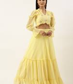Ethnovog Ready To Wear Yellow Embroidered Georgette Crop Top N Skirt Set