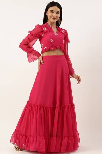 Ethnovog Ready To Wear Dark Pink Embroidered Georgette Crop Top N Skirt Set