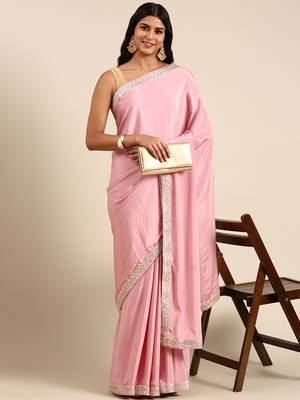 Kasee Fancy Pink Satin Plain Saree With Sequence Border 1
