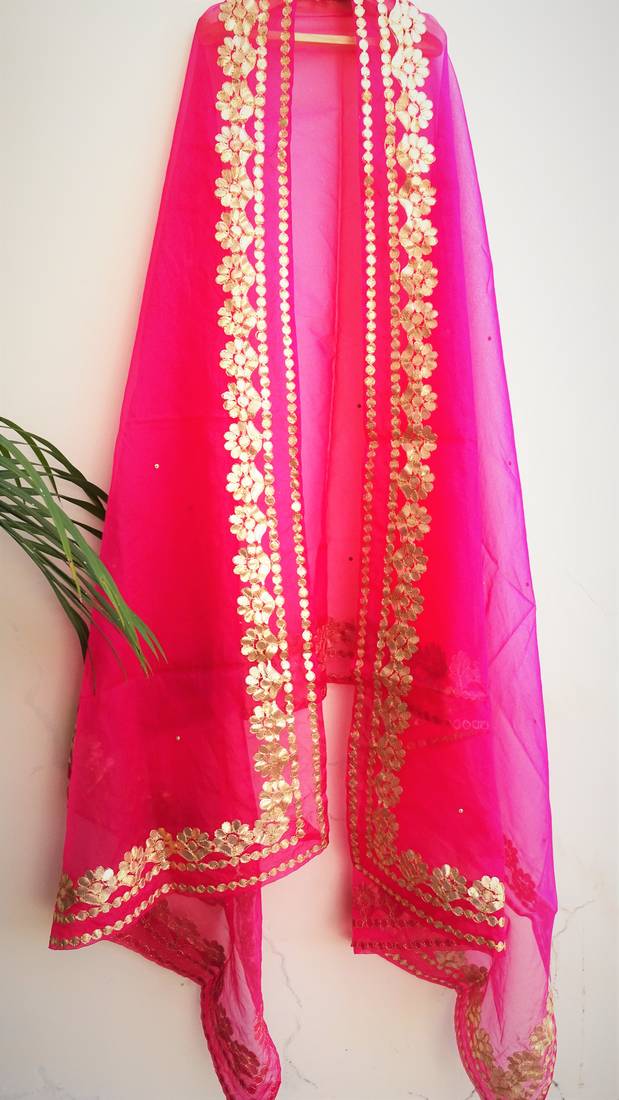 Womens Organza Pink dupatta with gota patti work