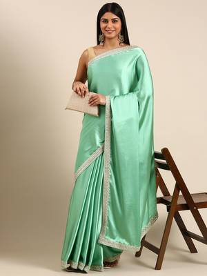 Kasee Fancy Rama Satin Plain Saree With Sequence Border 1