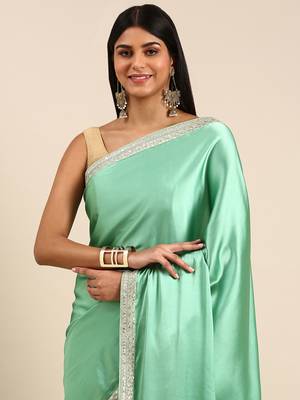 Kasee Fancy Rama Satin Plain Saree With Sequence Border 2