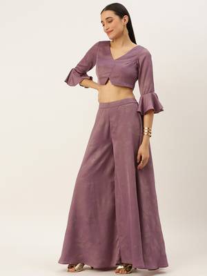 Ethnovog Ready To Wear Mauve Satin Blend Foil Printed Co Ords Set 3