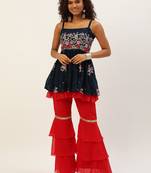 Ethnovog Ready To Wear Blue N Red Peplum Top Gharara Set