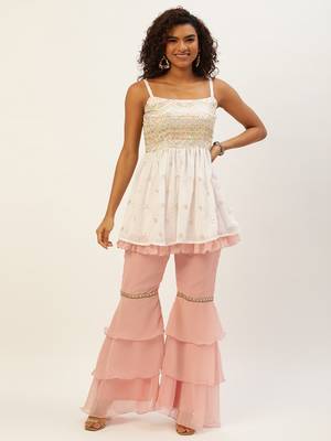 Ethnovog Ready To Wear White N Pink Peplum Top Gharara Set 1