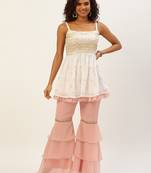 Ethnovog Ready To Wear White N Pink Peplum Top Gharara Set