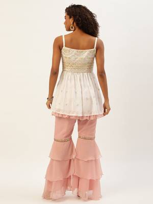 Ethnovog Ready To Wear White N Pink Peplum Top Gharara Set 2