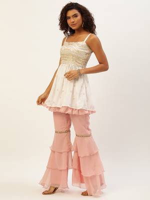 Ethnovog Ready To Wear White N Pink Peplum Top Gharara Set 3