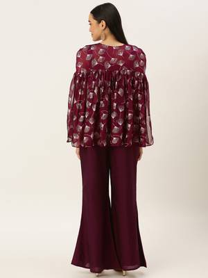 Ethnovog Ready To Wear Maroon Foil Printed Co Ords Sets With Cape 2