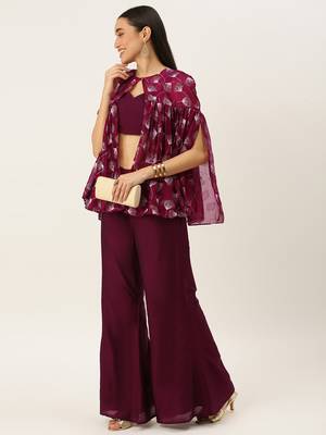 Ethnovog Ready To Wear Maroon Foil Printed Co Ords Sets With Cape 3