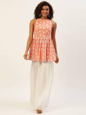 Ethnovog Ready To Wear Peach Embroidered Georgette Gharara Suit 1