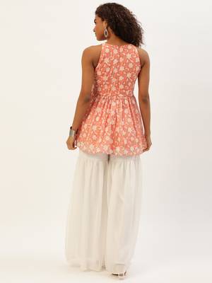 Ethnovog Ready To Wear Peach Embroidered Georgette Gharara Suit 2