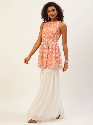 Ethnovog Ready To Wear Peach Embroidered Georgette Gharara Suit 3
